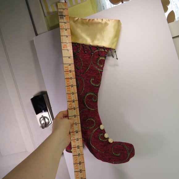 Red Tapestry Vintage Victorian High Heel boot stocking Holiday 20" long - Picture 3 of 10